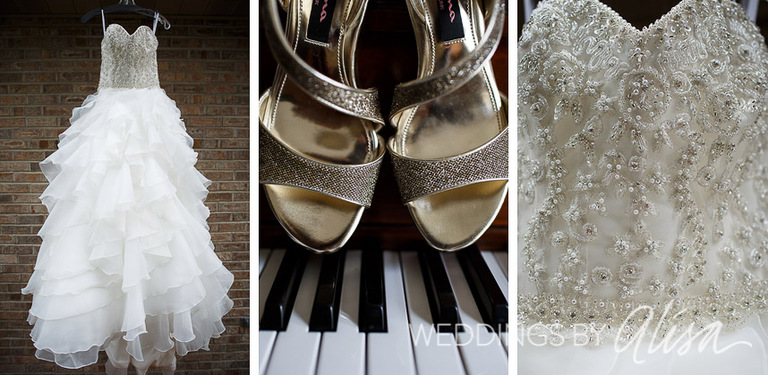 Bride's wedding dress and gold shoes