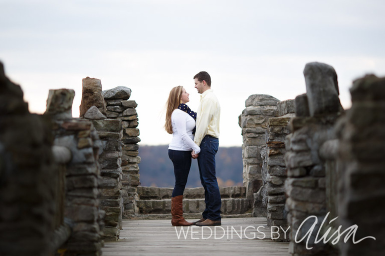 Blue and gold engagement photos at Cooper's Rock in Cheat Lake