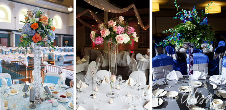 Pink roses, peach roses, sapphire chair covers, blue orchids, summer wedding, blue hydrangeas, orange roses, ivory roses
