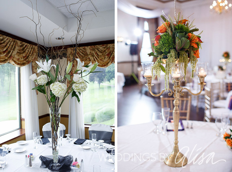 green amaranthus, gold candelabra, ivory roses, black satin tablecloth