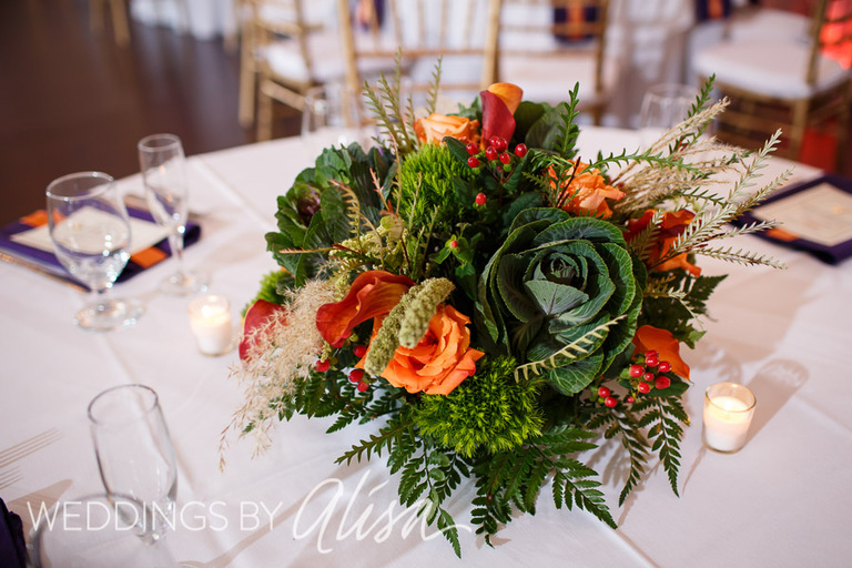 Orange and Green flowers at Wedding Reception in Cranberry