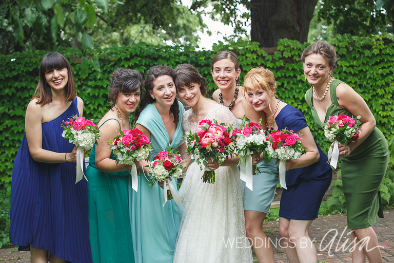Bridesmaids shades of blue and green dresses Pittsburgh