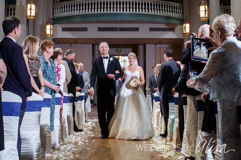 Bride walking down the aisle at Priory wedding