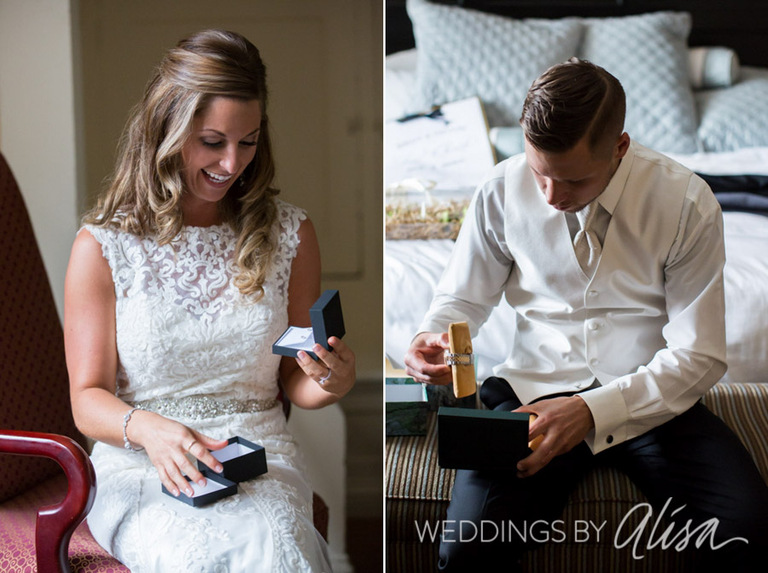Bride and Groom receiving wedding gifts from each other