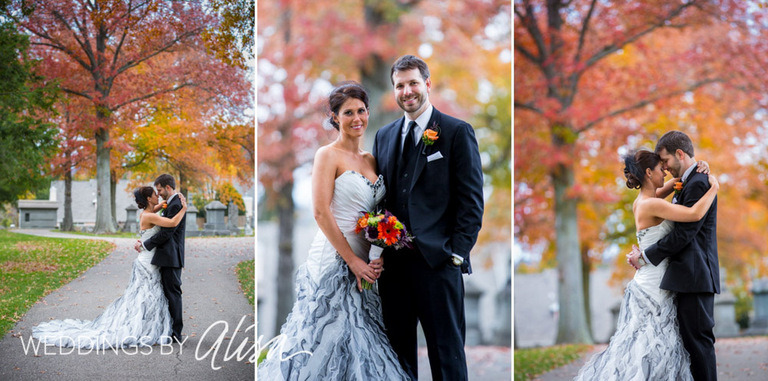 Fall wedding photos in cemetery