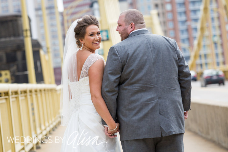 Wedding Photos on yellow bridge in Pittsburgh