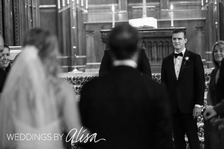 Bride walking down aisle to groom at Pittsburgh wedding