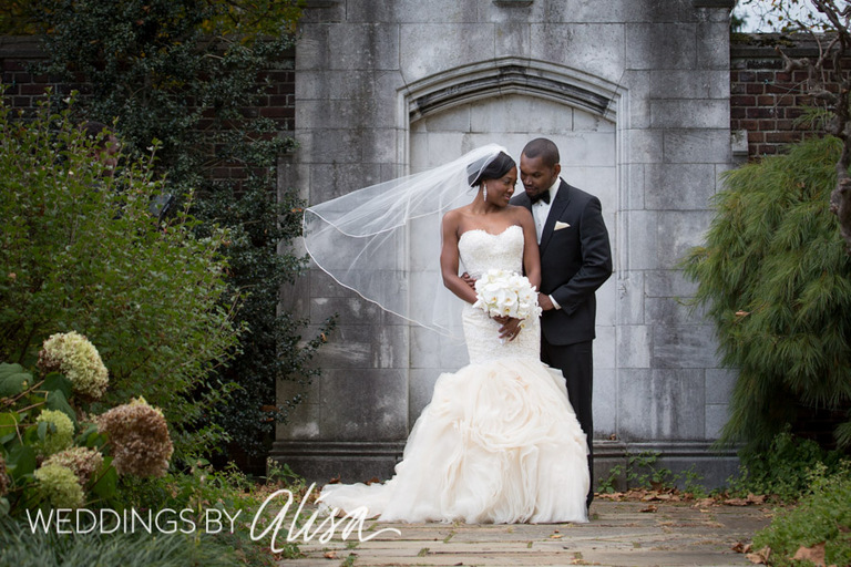 Fall wedding photos in walled garden at Mellon Park