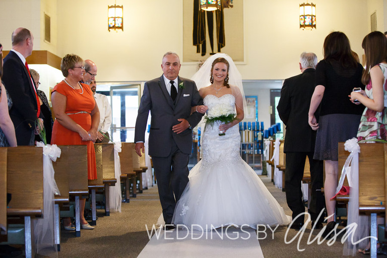 Bride walking down aisle at Catholic wedding in Pittsburgh