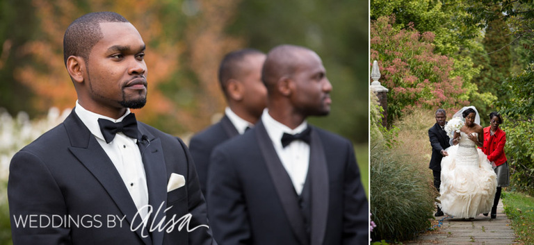 Groom waiting for bride at outdoor ceremony