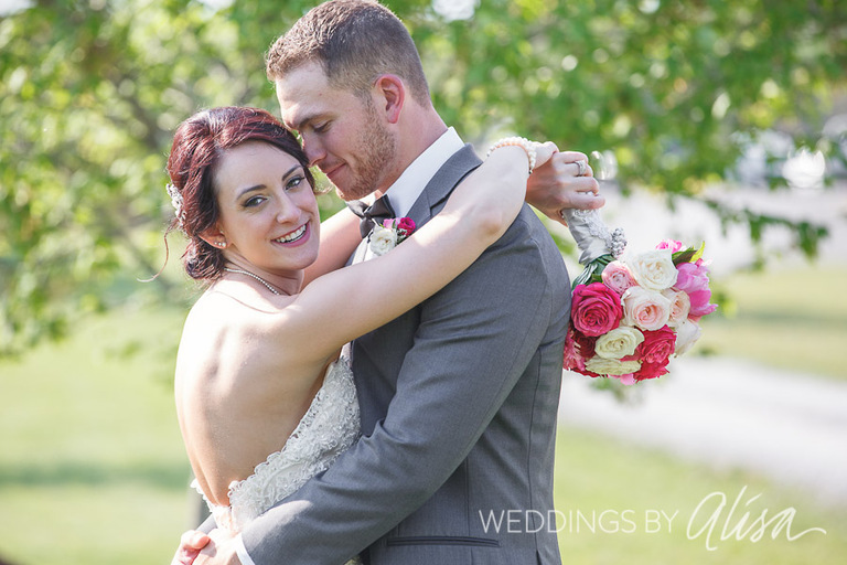 Pink Peonies in bridal bouquet at farm wedding