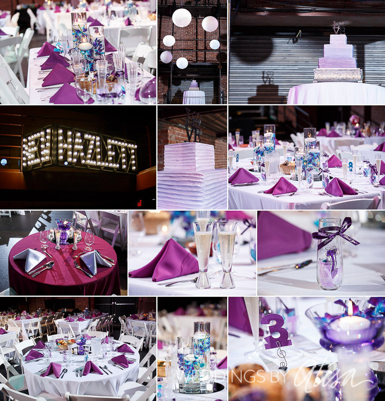 Purple and blue wedding details