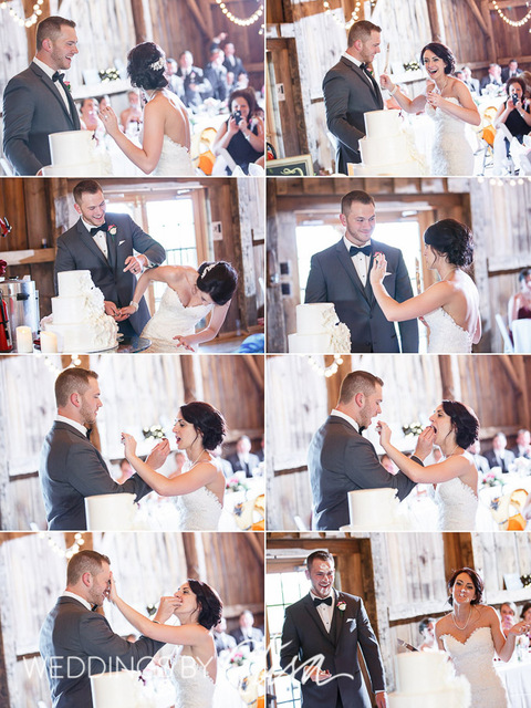 Cutting the cake at a wedding on a farm